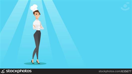 Caucasian cheerful chief cook in uniform and hat standing with arms crossed. Young caucasian chef cook. Full length of confident female chief cook. Vector flat design illustration. Horizontal layout.. Confident female chief cook with arms crossed.