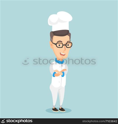 Caucasian cheerful chief cook in uniform and hat standing with arms crossed. Young caucasian chef cook. Full length of confident male chief cook. Vector flat design illustration. Square layout.. Confident male chief cook with arms crossed.