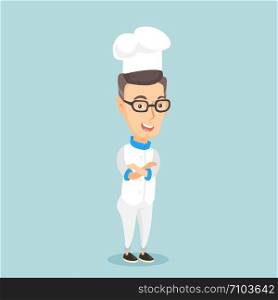 Caucasian cheerful chief cook in uniform and hat standing with arms crossed. Young caucasian chef cook. Full length of confident male chief cook. Vector flat design illustration. Square layout.. Confident male chief cook with arms crossed.