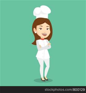 Caucasian cheerful chief cook in uniform and hat standing with arms crossed. Young caucasian chef cook. Full length of confident female chief cook. Vector flat design illustration. Square layout.. Confident female chief cook with arms crossed.
