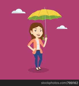 Caucasian cheerful female insurance agent. Female insurance agent standing safely under umbrella. Business insurance and business protection concept. Vector flat design illustration. Square layout.. Business woman insurance agent with umbrella.