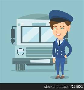 Caucasian cheerful female school bus driver standing on the background of bus. Smiling school bus driver in uniform. Full length of happy school bus driver. Vector cartoon illustration. Square layout.. Young caucasian female school bus driver.