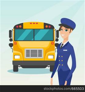 Caucasian cheerful female school bus driver standing on the background of yellow bus. Smiling school bus driver in uniform. Cheerful school bus driver. Vector cartoon illustration. Square layout.. Young caucasian female school bus driver.