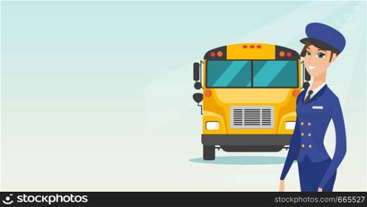 Caucasian cheerful female school bus driver standing on the background of yellow bus. Smiling school bus driver in uniform. Cheerful school bus driver. Vector cartoon illustration. Horizontal layout.. Young caucasian female school bus driver.
