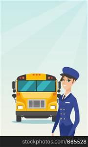 Caucasian cheerful female school bus driver standing on the background of yellow bus. Smiling school bus driver in uniform. Cheerful school bus driver. Vector cartoon illustration. Vertical layout.. Young caucasian female school bus driver.