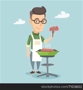 Caucasian cheerful man cooking steak on the barbecue grill outdoor. Smiling man preparing steak on the barbecue grill. Happy man having outdoor barbecue. Vector flat design illustration. Square layout. Man cooking steak on barbecue grill.