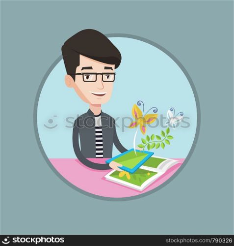 Caucasian cheerful man holding tablet computer with application for augmented reality. Concept of augmented reality. Vector flat design illustration in the circle isolated on background.. Augmented reality vector illustration.
