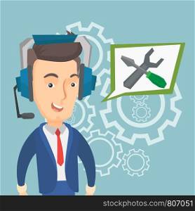 Caucasian cheerful operator of technical support wearing headphone set. Happy technical support operator and speech square with screwdriver and wrench. Vector flat design illustration. Square layout.. Technical support operator vector illustration.