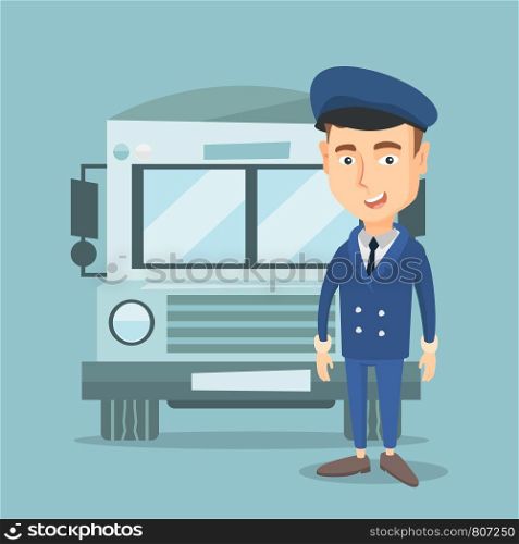 Caucasian cheerful school bus driver standing in front of yellow bus. Smiling school bus driver in uniform. Cheerful school bus driver. Vector flat design illustration. Square layout.. School bus driver vector illustration.