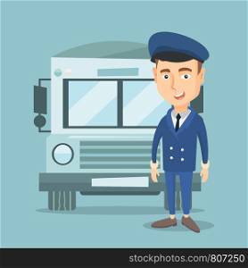 Caucasian cheerful school bus driver standing in front of yellow bus. Smiling school bus driver in uniform. Cheerful school bus driver. Vector flat design illustration. Square layout.. School bus driver vector illustration.