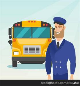 Caucasian cheerful school bus driver standing on the background of yellow bus. Smiling hipster school bus driver in uniform. Cheerful school bus driver. Vector cartoon illustration. Square layout.. Young caucasian school bus driver.