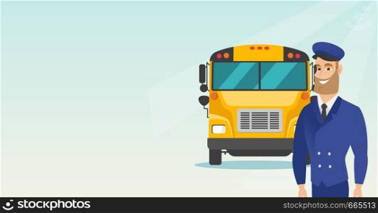 Caucasian cheerful school bus driver standing on the background of yellow bus. Smiling hipster school bus driver in uniform. Cheerful school bus driver. Vector cartoon illustration. Horizontal layout.. Young caucasian school bus driver.
