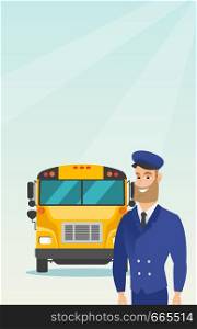 Caucasian cheerful school bus driver standing on the background of yellow bus. Smiling hipster school bus driver in uniform. Cheerful school bus driver. Vector cartoon illustration. Vertical layout.. Young caucasian school bus driver.