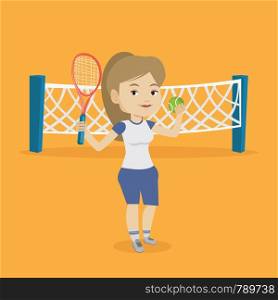 Caucasian cheerful sportswoman playing tennis. Smiling tennis player standing on the court. Happy female tennis player holding a racket and a ball. Vector flat design illustration. Square layout.. Female tennis player vector illustration.
