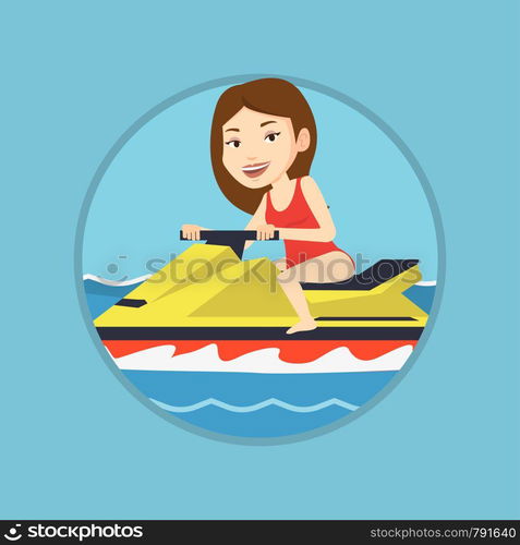 Caucasian cheerful woman on jet ski in the sea. Young smiling woman riding on a water scooter. Happy woman training on a jet ski. Vector flat design illustration in the circle isolated on background.. Caucasian woman training on jet ski in the sea.