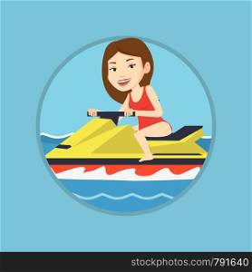 Caucasian cheerful woman on jet ski in the sea. Young smiling woman riding on a water scooter. Happy woman training on a jet ski. Vector flat design illustration in the circle isolated on background.. Caucasian woman training on jet ski in the sea.