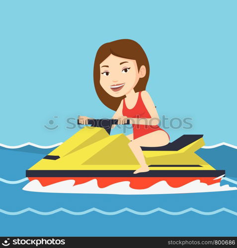 Caucasian cheerful woman on jet ski in the sea at summer sunny day. Young smiling woman riding on a water scooter. Happy woman training on a jet ski. Vector flat design illustration. Square layout.. Caucasian woman training on jet ski in the sea.