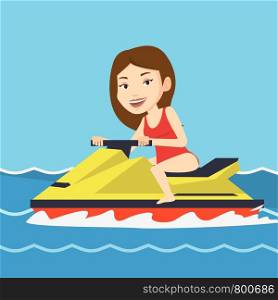 Caucasian cheerful woman on jet ski in the sea at summer sunny day. Young smiling woman riding on a water scooter. Happy woman training on a jet ski. Vector flat design illustration. Square layout.. Caucasian woman training on jet ski in the sea.