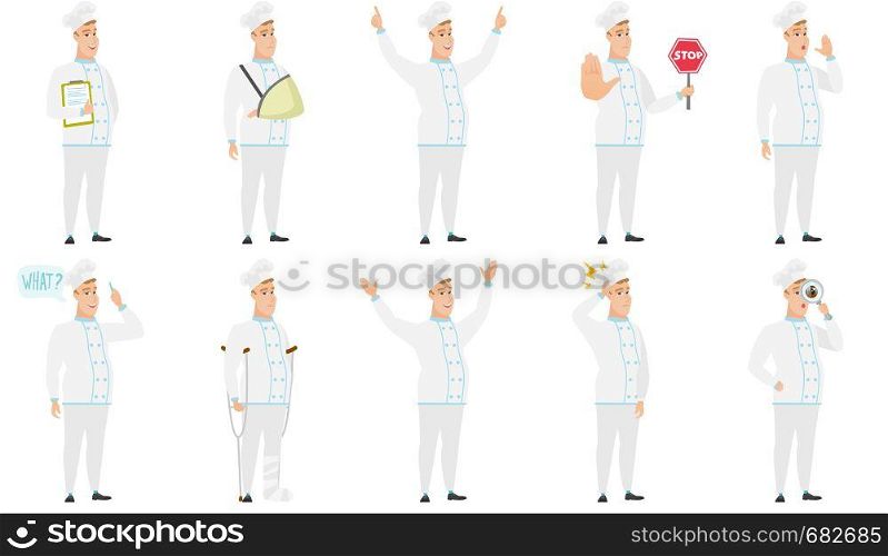 Caucasian chef cook holding clipboard with documents. Full length of chef with documents. Chef cook in uniform holding documents. Set of vector flat design illustrations isolated on white background.. Vector set of illustrations with chef characters.