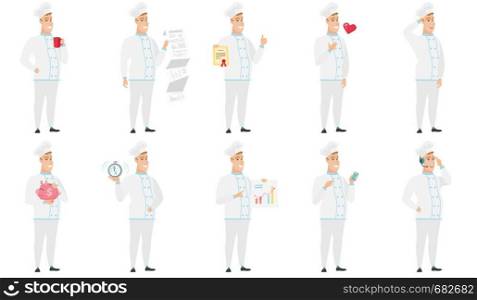 Caucasian chef cook holding cup of coffee. Full length of chef cook in uniform drinking coffee. Happy chef cook with cup of coffee. Set of vector flat design illustrations isolated on white background. Vector set of illustrations with chef characters.