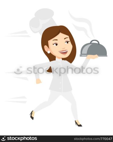 Caucasian chef cook in a cap and white uniform running. Cheerful chef cook holding a cloche. Smiling chef cook fast running with a cloche. Vector flat design illustration isolated on white background.. Running chef cook vector illustration.