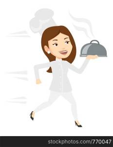 Caucasian chef cook in a cap and white uniform running. Cheerful chef cook holding a cloche. Smiling chef cook fast running with a cloche. Vector flat design illustration isolated on white background.. Running chef cook vector illustration.