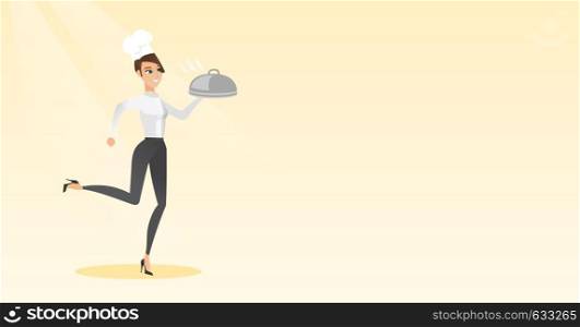 Caucasian chef cook in the cap and white uniform running. Young cheerful chef cook holding a cloche. Smiling chef cook fast running with a cloche. Vector flat design illustration. Horizontal layout.. Running chef cook vector illustration.