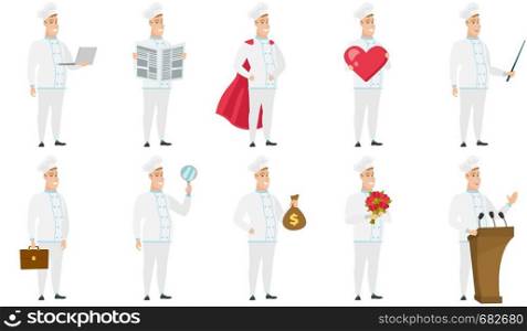 Caucasian chef cook in uniform using laptop. Full length of young chef cook working on a laptop. Cheerful chef cook holding laptop. Set of vector flat design illustrations isolated on white background. Vector set of illustrations with chef characters.