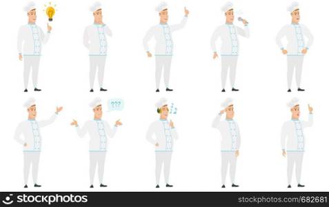 Caucasian chef cook pointing at idea light bulb. Full length of chef cook having idea. Chef cook came up with an idea for a recipe. Set of vector flat design illustrations isolated on white background. Vector set of illustrations with chef characters.