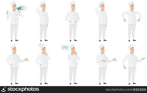 Caucasian chef cook with megaphone making announcement. Chef cook making announcement through a megaphone and pointing finger up. Set of vector flat design illustrations isolated on white background.. Vector set of illustrations with chef characters.