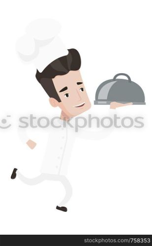 Caucasian chef in a cap and white uniform running. Young cheerful chef holding a cloche. Smiling chef fast running with a cloche. Vector flat design illustration isolated on white background.. Chef running with cloche vector illustration.