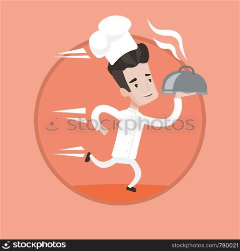 Caucasian chef in a cap and white uniform running. Young cheerful chef holding a cloche. Smiling chef fast running with a cloche. Vector flat design illustration in the circle isolated on background.. Chef running with cloche vector illustration.