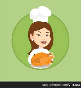 Caucasian chef in uniform and cap holding roasted chicken. Chef with whole baked chicken. Chef holding plate with fried chicken. Vector flat design illustration in the circle isolated on background.. Chef cook holding roasted chicken.