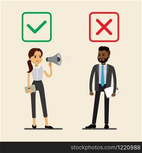 Caucasian chief businesswoman with megaphone chooses green yes,african american businessman with red no checkbox,color checkboxes selection,concept of right choice,flat vector illustration