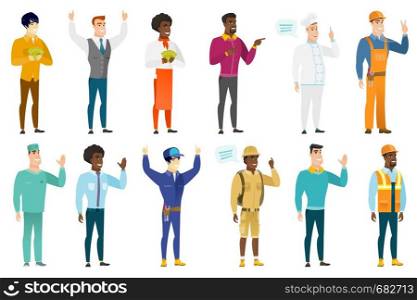 Caucasian chief-cooker with speech bubble. Chief-cooker giving a speech. Chief-cooker with speech bubble coming out of his head. Set of vector flat design illustrations isolated on white background.. Vector set of professions characters.