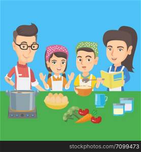 Caucasian children and their parents cooking together in the kitchen. Boy and girl helping their mother and father with cooking. Kids cooking with parents. Vector cartoon illustration. Square layout.. Caucasian children cooking with parents.