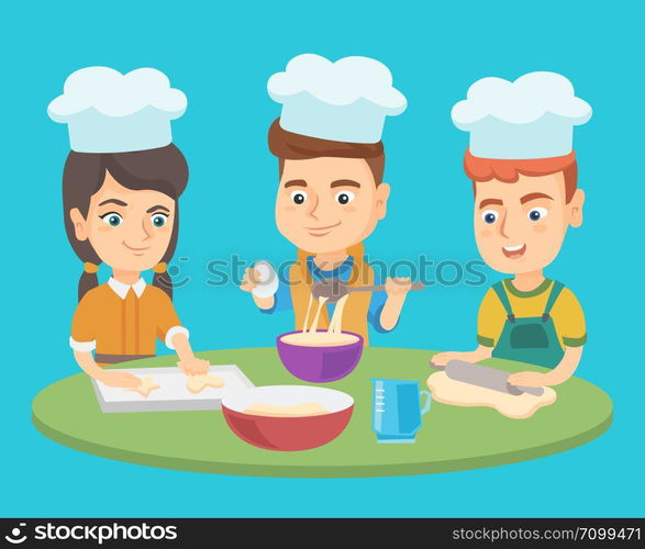 Caucasian children in chef hats preparing the dough and baking cookies. Cheerful kids enjoying the process of making cookies. Boys and girl cook cookies. Vector cartoon illustration. Square layout.. Caucasian boys and girl in chef hats cook cookies.