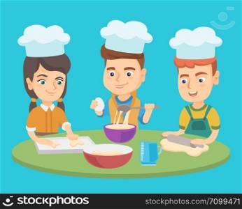 Caucasian children in chef hats preparing the dough and baking cookies. Cheerful kids enjoying the process of making cookies. Boys and girl cook cookies. Vector cartoon illustration. Square layout.. Caucasian boys and girl in chef hats cook cookies.