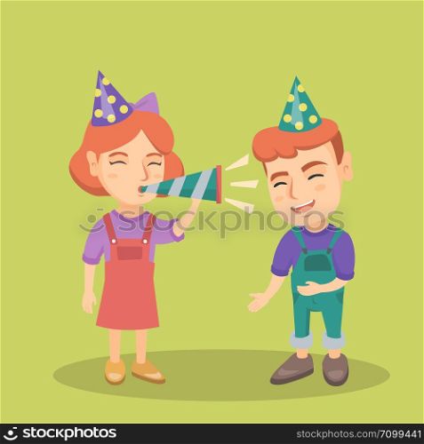 Caucasian children in hats celebrating birthday with a party pipe. Laughing boy standing near girl who blowing in the birthday pipe. Celebration concept. Vector cartoon illustration. Square layout.. Children celebrating birthday with a party pipe.