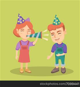Caucasian children in hats celebrating birthday with a party pipe. Laughing boy standing near girl who blowing in the birthday pipe. Celebration concept. Vector cartoon illustration. Square layout.. Children celebrating birthday with a party pipe.