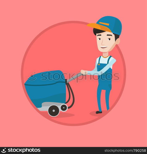 Caucasian cleaner with cleaning equipment. Worker cleaning store floor with machine. Worker of cleaning services in supermarket. Vector flat design illustration in the circle isolated on background.. Male worker cleaning store floor with machine.