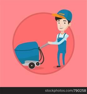 Caucasian cleaner with cleaning equipment. Worker cleaning store floor with machine. Worker of cleaning services in supermarket. Vector flat design illustration in the circle isolated on background.. Male worker cleaning store floor with machine.