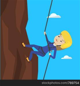 Caucasian climber in action. Rock climber in protective helmet climbing on a rock. Smiling woman climbing in mountains with rope. Woman climbing a rock. Vector flat design illustration. Square layout.. Woman climbing in mountains with rope.
