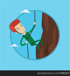 Caucasian climber in action. Rock climber in protective helmet climbing on a rock. Smiling man climbing on mountain with rope. Vector flat design illustration in the circle isolated on background.. Man climbing in mountains with rope.