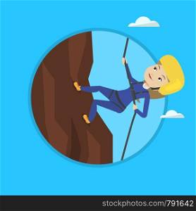 Caucasian climber in action. Rock climber in protective helmet climbing on a rock. Smiling woman climbing in mountains with rope. Vector flat design illustration in the circle isolated on background.. Woman climbing in mountains with rope.
