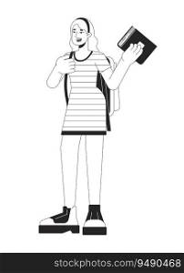 Caucasian college girl holding book flat line black white vector character. Editable outline full body person. Backpack student female simple cartoon isolated spot illustration for web design. Caucasian college girl holding book flat line black white vector character