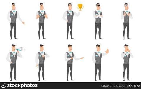 Caucasian confident bridegroom wearing sunglasses. Full length of young bridegroom in sunglasses. Serious bridegroom in sunglasses. Set of vector flat design illustrations isolated on white background. Vector set of illustrations with groom character.