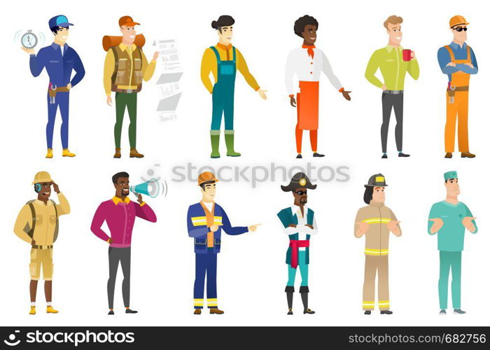 Caucasian confident builder wearing sunglasses. Full length of young builder in sunglasses. Serious builder in sunglasses. Set of vector flat design illustrations isolated on white background.. Vector set of professions characters.