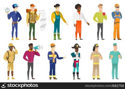Caucasian confident builder wearing sunglasses. Full length of young builder in sunglasses. Serious builder in sunglasses. Set of vector flat design illustrations isolated on white background.. Vector set of professions characters.
