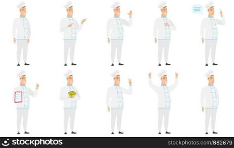 Caucasian confident chef cook in uniform. Full length of confident chef cook. Chef cook standing in a pose signifying confidence. Set of vector flat design illustrations isolated on white background.. Vector set of illustrations with chef characters.
